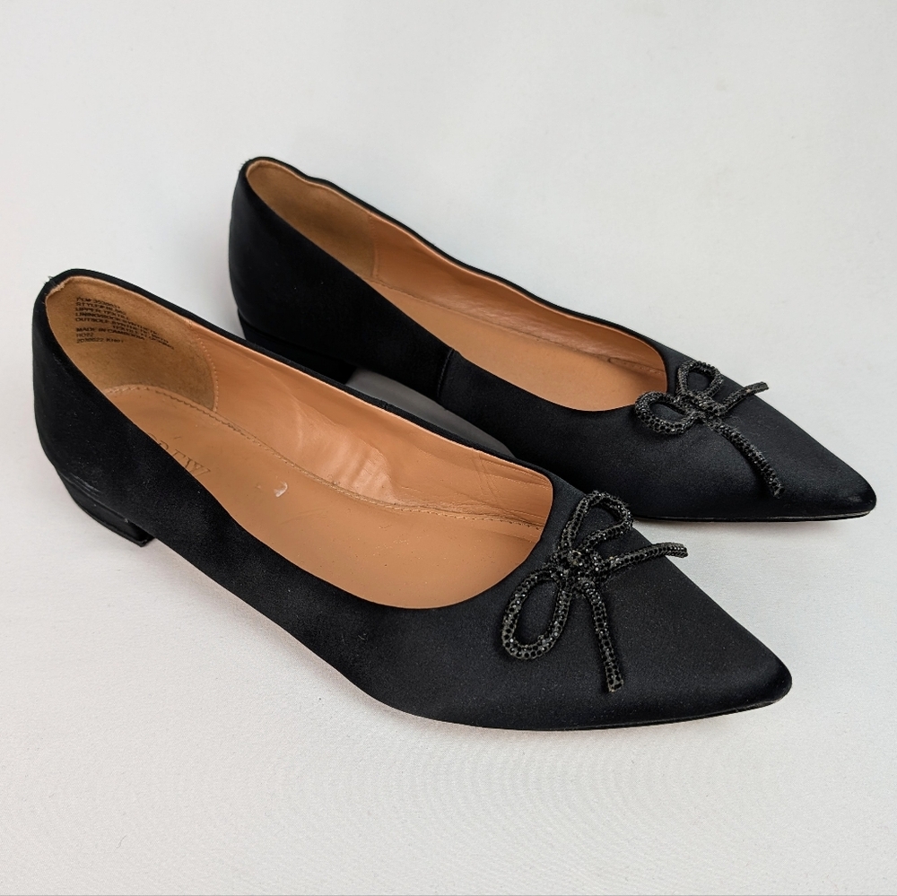 J. Crew Black Satin Pointed Toe Bow Flats
